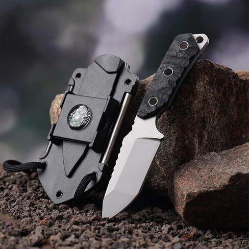 Small Fixed Blade Hunting Knife with Sheath,Survival Hunting Knife With Fire Starter,Compass,Mirror,2.36"" Blade 440C Stainless Steel,G10 Handle For Outdoor Camping Hiking Fishing, Black in Saudi Arabia