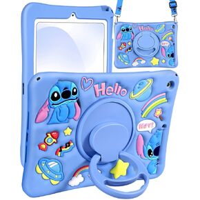 for iPad 11th A16 Case 11 inch - for iPad 10th Gen 10.9 inch Soft Silicone Cute Cartoon Tablet Case with Rotating Stand & Detachable Shoulder Strap, Shockproof for Kids Boys Girls, Blue in Kuwait