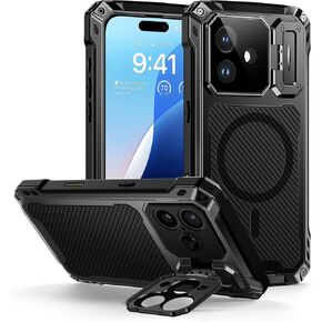 Lanhiem for iPhone 17 Pro Max Metal Case with Kickstand, Compatible with MagSafe, Built in Tempered Glass Screen Protector, Heavy Duty Shockproof Rugged Phone Cases, Full Body Tough Cover 6.9" (Black) in Saudi Arabia