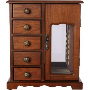 Wooden Jewelry Box, Jewelry Organizer With 5 Drawers Built-in Necklace Carousel and Mirror for Necklaces, Earring, Rings (Dark Wood Color) in Saudi Arabia
