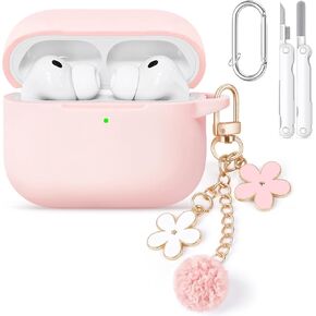 for AirPods 4 Case Cover, Soft Pink Silicone Protective Shell Compatible with Apple AirPods 4th Generation Case for Women Girly, iPod 4 Case with Flower Chain,Keychain and Cleaner Kit - Pink in Saudi Arabia
