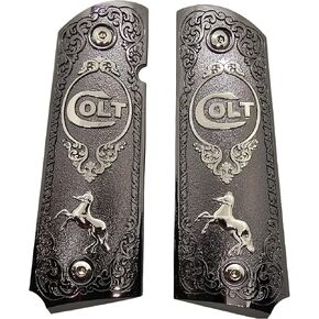 Full-Size 1911 Metal Grips Panels, Black with Nickel Accents, Rampant Horse Design, Compatible with Colt 1911 Government Models and Clones in Kuwait