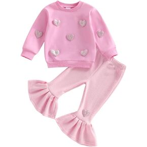 Twopumpkin Baby Girl Valentines Day Outfit Toddler Girls Valentines Sweatshirt Ribbed Bell Bottoms Falre Pants Clothes Set in Kuwait