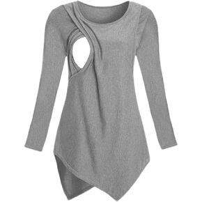 Women Nursing Shirts Long Sleeve, Casual Asymmetrical Breastfeeding Tunic Postpartum Tops Double Layer Maternity Tees in Saudi Arabia