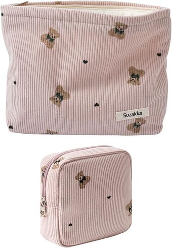 Cute Small Soft Corduroy Zipper Makeup Bag for Purse, Coquette Aesthetic Pouch with Bear Pattern for Women Girls, Kawaii Travel Cosmetic Bags（03Beige） in Saudi Arabia