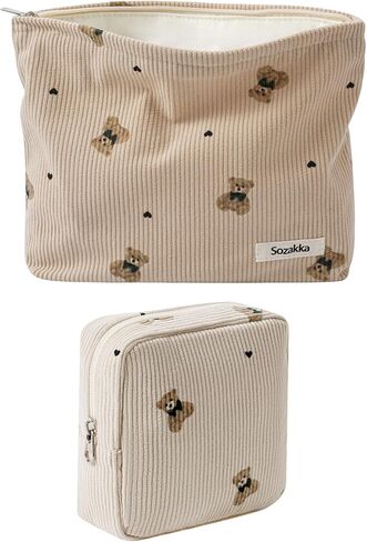 Cute Small Soft Corduroy Zipper Makeup Bag for Purse, Coquette Aesthetic Pouch with Bear Pattern for Women Girls, Kawaii Travel Cosmetic Bags（03Beige） in Saudi Arabia