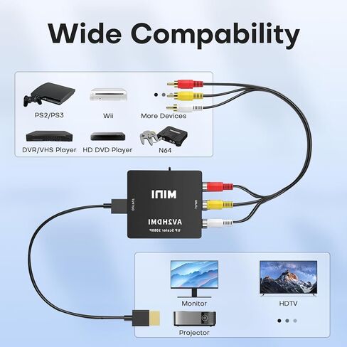 محول AV إلى HDMI، محول RCA إلى HDMI، محول فيديو صوت CVBS مركب صغير 1080 بكسل يدعم PAL/NTSC لمشغلات DVD TV/PC/STB/VHS/VCR/Blue-Ray in Kuwait