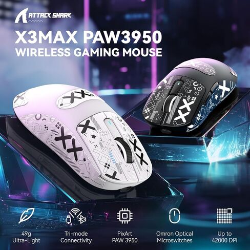 ماوس الألعاب اللاسلكي MAMBASNAKE Attack SHAKR X3MAX، PixArt PAW3950 42000 DPI، 49 جرامًا ثلاثي الوضع (BT5.4/2.4 جيجا هرتز/سلكي)، ماوس كمبيوتر قابل للبرمجة بمعدل الاقتراع 1K للكمبيوتر/MAC/Win - أبيض وشريط in Saudi Arabia