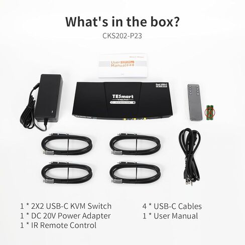 TESmart MST USB-C KVM Switch 2 Monitors 2 Laptops 4K@60Hz, USB 3.0 Dual Monitor KVM, EDID Emulation, 60W PD, 1G Ethernet, 2K@144Hz, 1080P@240Hz, Hotkey Switch, with All Input Cables in Saudi Arabia
