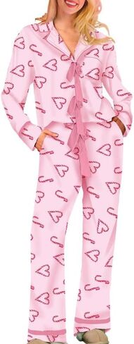 Juakoso Women Satin Christmas Pajama Set 2 Piece Silky Bow Tie Long Sleeve Shirts Pants Set Xmas Lounge Set Pjs Sleepwear in Saudi Arabia