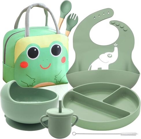 Baby Weaning Set with Adjustable bib | baby feeding set with Sippy Cup, Suction Plate, Bowl & Self-Feeding Cutlery | Silicone Feeding essentials Dishwasher & Microwave Safe (Pink) in Saudi Arabia