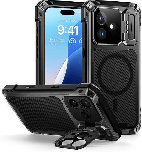 Lanhiem for iPhone 17 Pro Max Metal Case with Kickstand, Compatible with MagSafe, Built in Tempered Glass Screen Protector, Heavy Duty Shockproof Rugged Phone Cases, Full Body Tough Cover 6.9" (Black) in Saudi Arabia