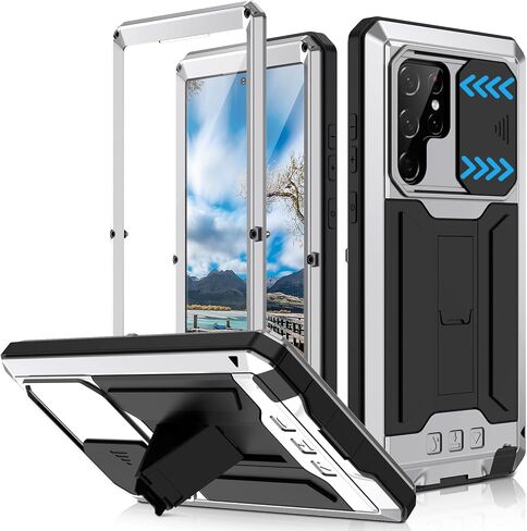 متوافق مع حافظة سامسونج جالاكسي S22 الترا المعدنية، حافظة متينة مقاومة للغبار من الدرجة العسكرية مع غطاء كاميرا منزلق ومسند مدمج قابل للطي مع غطاء ممتص للصدمات لكامل الجسم (أسود) in Kuwait
