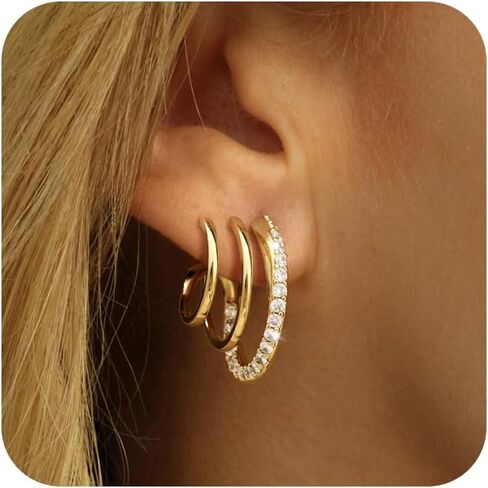 CHESKY 14K مطلية بالذهب ثلاثية الوهم Huggie أقراط، العصرية مزدوجة Huggie هوب الأقراط لثقب واحد، أقراط مخلب الذهب لذيذ للنساء لطيف هدية المجوهرات اليومية in Kuwait