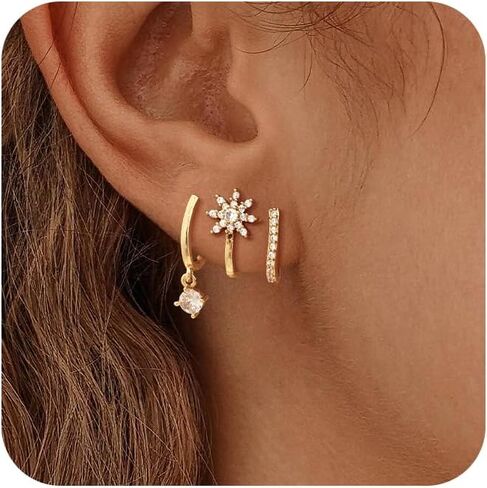 CHESKY 14K مطلية بالذهب ثلاثية الوهم Huggie أقراط، العصرية مزدوجة Huggie هوب الأقراط لثقب واحد، أقراط مخلب الذهب لذيذ للنساء لطيف هدية المجوهرات اليومية in Kuwait