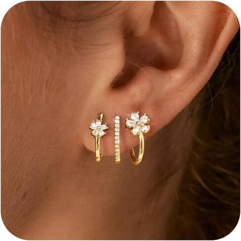 CHESKY 14K مطلية بالذهب ثلاثية الوهم Huggie أقراط، العصرية مزدوجة Huggie هوب الأقراط لثقب واحد، أقراط مخلب الذهب لذيذ للنساء لطيف هدية المجوهرات اليومية in Kuwait