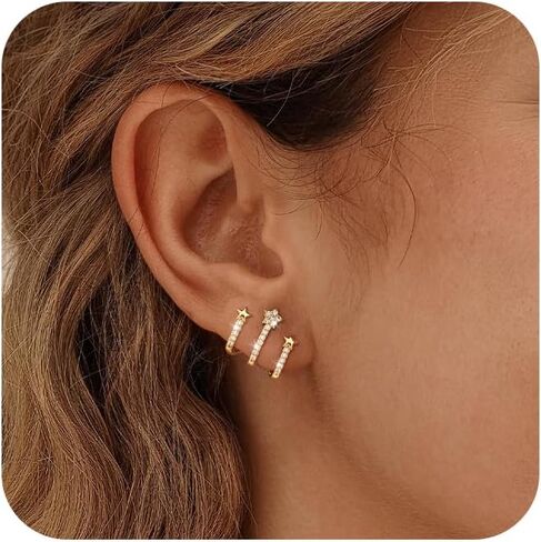 CHESKY 14K مطلية بالذهب ثلاثية الوهم Huggie أقراط، العصرية مزدوجة Huggie هوب الأقراط لثقب واحد، أقراط مخلب الذهب لذيذ للنساء لطيف هدية المجوهرات اليومية in Kuwait