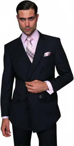 Men's Statement Suits Navy Blue Double Breasted Wool Suit 44 Long in Saudi Arabia