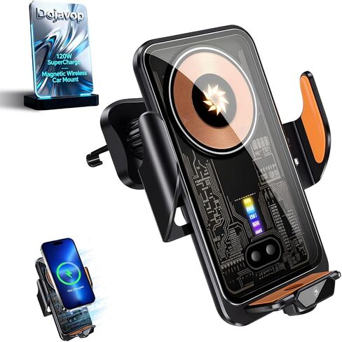 Fast Wireless Car Charger Wireless Charging Phone Mount for Car Magnetic Navigation Car Phone Holder Automatic Smart Sensor Clamping Rotating with Charger Station Fast Wireless Charger Max 120W(Black) in Kuwait