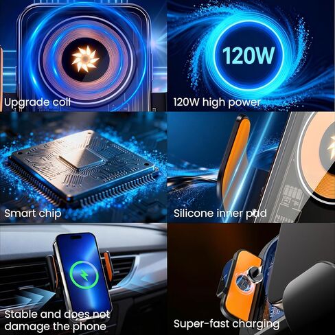 Fast Wireless Car Charger Wireless Charging Phone Mount for Car Magnetic Navigation Car Phone Holder Automatic Smart Sensor Clamping Rotating with Charger Station Fast Wireless Charger Max 120W(Black) in Kuwait