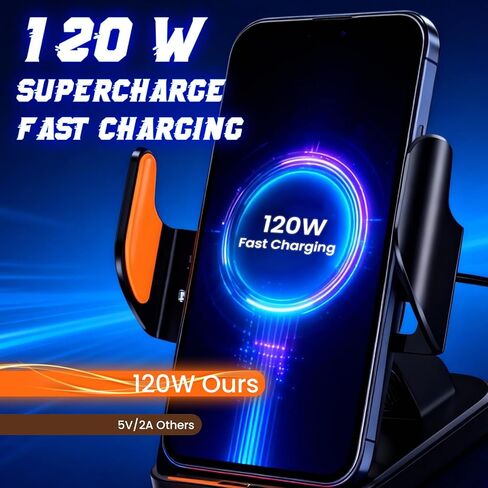 Fast Wireless Car Charger Wireless Charging Phone Mount for Car Magnetic Navigation Car Phone Holder Automatic Smart Sensor Clamping Rotating with Charger Station Fast Wireless Charger Max 120W(Black) in Kuwait