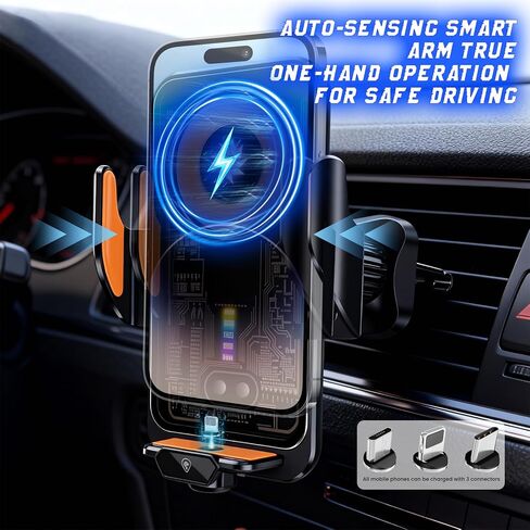 Fast Wireless Car Charger Wireless Charging Phone Mount for Car Magnetic Navigation Car Phone Holder Automatic Smart Sensor Clamping Rotating with Charger Station Fast Wireless Charger Max 120W(Black) in Kuwait