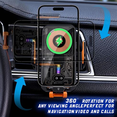 Fast Wireless Car Charger Wireless Charging Phone Mount for Car Magnetic Navigation Car Phone Holder Automatic Smart Sensor Clamping Rotating with Charger Station Fast Wireless Charger Max 120W(Black) in Kuwait