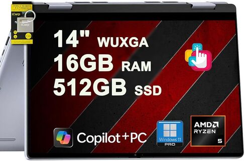 Dell Inspiron 14 7445 كمبيوتر محمول 2 في 1 14 بوصة WUXGA Comfortview Touch AMD 6-core Ryzen 5 8640HS (>i7-1355U) 16 جيجابايت DDR5 512 جيجابايت SSD بإضاءة خلفية للأعمال التجارية الاحترافية Win11Pro ICP Hub مع Copilot AI in Kuwait