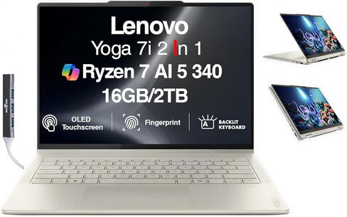 Lenovo Yoga 7 2-in-1 Copilot+ كمبيوتر محمول 14.0 بوصة OLED Touch، 100% DCI-P3، 600nits HDR (AMD Ryzen AI 5 340 (حتى 50 قمة)، 16 جيجابايت DDR5، 512 جيجابايت SSD، لوحة مفاتيح بإضاءة خلفية، FP، كاميرا ويب 5.0 ميجابكسل، Win11Pro) مع موسع منفذ DKZ in Kuwait