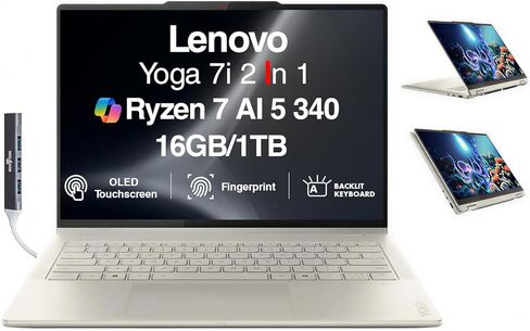 Lenovo Yoga 7 2-in-1 Copilot+ Laptop 14.0" OLED Touch, 100% DCI-P3, 600nits HDR (AMD Ryzen AI 5 340 (up to 50 Tops), 16GB DDR5, 512GB SSD, Backlit KB, FP, 5.0MP Webcam, Win11Pro) w/DKZ Port Expander in Saudi Arabia