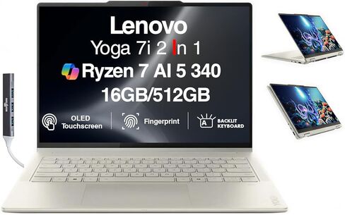 Lenovo Yoga 7 2-in-1 Copilot+ Laptop 14.0" OLED Touch, 100% DCI-P3, 600nits HDR (AMD Ryzen AI 5 340 (up to 50 Tops), 16GB DDR5, 512GB SSD, Backlit KB, FP, 5.0MP Webcam, Win11Pro) w/DKZ Port Expander in Saudi Arabia