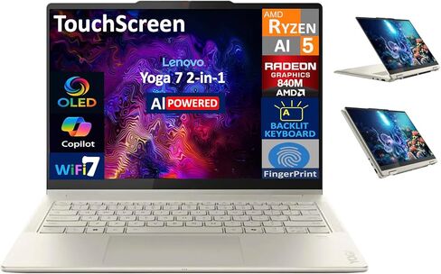 Lenovo Yoga 7 2-in-1 Copilot+ Laptop 14.0" OLED Touch, 100% DCI-P3, 600nits HDR (AMD Ryzen AI 5 340 (up to 50 Tops), 16GB DDR5, 512GB SSD, Backlit KB, FP, 5.0MP Webcam, Win11Pro) w/DKZ Port Expander in Saudi Arabia