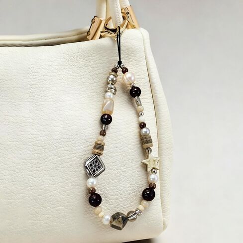 Vintage Brown Beaded Phone Charm Wrist Strap Star Heart Pearl Phone Chain Wristlet Short Camera Charm Strap Cute Beaded Wristlet Keychain Cellphone Charms Aesthetic Cellphone Wrist Lanyard for Women in Saudi Arabia