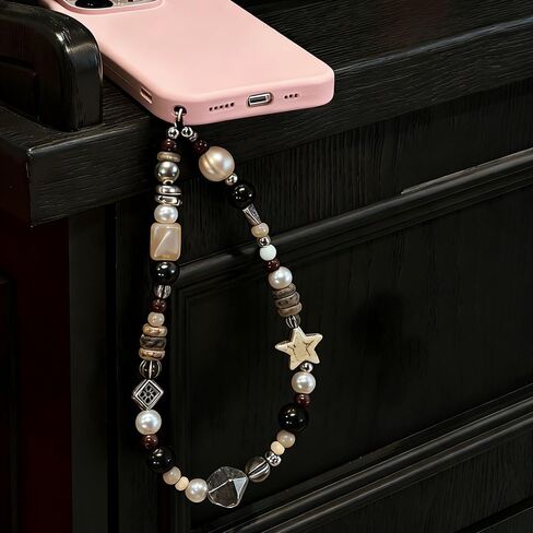 Vintage Brown Beaded Phone Charm Wrist Strap Star Heart Pearl Phone Chain Wristlet Short Camera Charm Strap Cute Beaded Wristlet Keychain Cellphone Charms Aesthetic Cellphone Wrist Lanyard for Women in Saudi Arabia