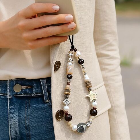 Vintage Brown Beaded Phone Charm Wrist Strap Star Heart Pearl Phone Chain Wristlet Short Camera Charm Strap Cute Beaded Wristlet Keychain Cellphone Charms Aesthetic Cellphone Wrist Lanyard for Women in Saudi Arabia
