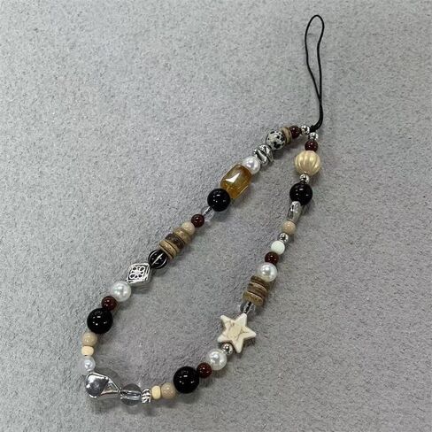 Vintage Brown Beaded Phone Charm Wrist Strap Star Heart Pearl Phone Chain Wristlet Short Camera Charm Strap Cute Beaded Wristlet Keychain Cellphone Charms Aesthetic Cellphone Wrist Lanyard for Women in Saudi Arabia