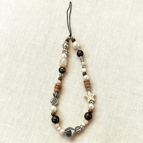 Vintage Brown Beaded Phone Charm Wrist Strap Star Heart Pearl Phone Chain Wristlet Short Camera Charm Strap Cute Beaded Wristlet Keychain Cellphone Charms Aesthetic Cellphone Wrist Lanyard for Women in Saudi Arabia