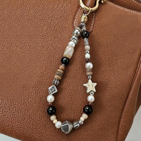 Vintage Brown Beaded Phone Charm Wrist Strap Star Heart Pearl Phone Chain Wristlet Short Camera Charm Strap Cute Beaded Wristlet Keychain Cellphone Charms Aesthetic Cellphone Wrist Lanyard for Women in Saudi Arabia
