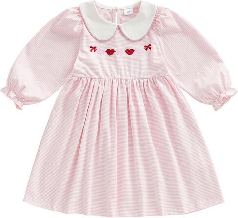 MBMSHEGH Toddler Baby Girl Valentine’s Day Dress Heart Embroidery Striped Puff Long Sleeve Dresses Kids Clothes 1-8T in Saudi Arabia