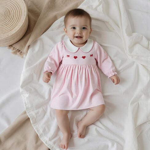 MBMSHEGH Toddler Baby Girl Valentine’s Day Dress Heart Embroidery Striped Puff Long Sleeve Dresses Kids Clothes 1-8T in Saudi Arabia