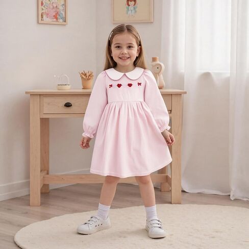 MBMSHEGH Toddler Baby Girl Valentine’s Day Dress Heart Embroidery Striped Puff Long Sleeve Dresses Kids Clothes 1-8T in Saudi Arabia