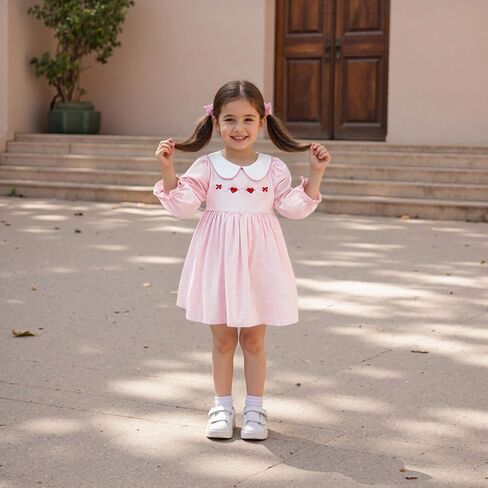 MBMSHEGH Toddler Baby Girl Valentine’s Day Dress Heart Embroidery Striped Puff Long Sleeve Dresses Kids Clothes 1-8T in Saudi Arabia