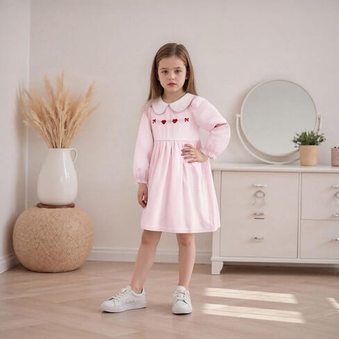 MBMSHEGH Toddler Baby Girl Valentine’s Day Dress Heart Embroidery Striped Puff Long Sleeve Dresses Kids Clothes 1-8T in Saudi Arabia