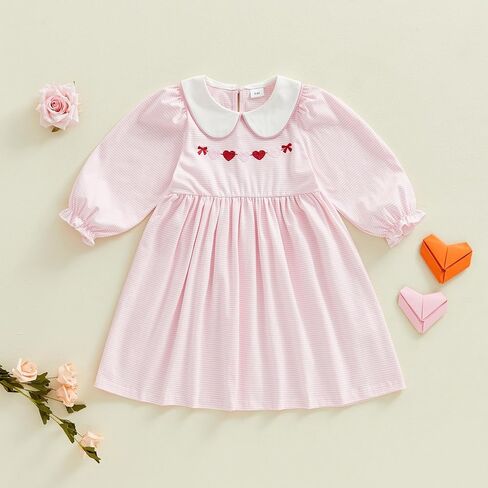 MBMSHEGH Toddler Baby Girl Valentine’s Day Dress Heart Embroidery Striped Puff Long Sleeve Dresses Kids Clothes 1-8T in Saudi Arabia