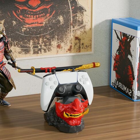 حامل وحدة تحكم الألعاب NiHome Samurai Warrior Mask لجهاز PS5 Xbox Switch وسماعات الرأس، منظم عرض سطح المكتب منحوت يدويًا من الراتنج للاعبين، قاعدة شحن متعددة الأجهزة للهواتف الذكية in Kuwait
