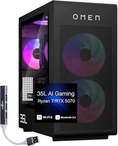كمبيوتر مكتبي HP OMEN 35L AI للألعاب (AMD Ryzen 7 8700F، GeForce RTX 5070 12GB GDDR7، 64GB DDR5، 1TB PCIe SSD + 3TB HDD، مراوح RGB، 850W PSU، WiFi 6، Win 11 Pro) مع موسع منفذ USB DKZ in Saudi Arabia