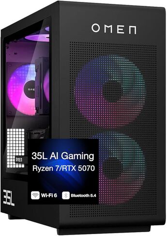 كمبيوتر مكتبي HP OMEN 35L AI للألعاب (AMD Ryzen 7 8700F، GeForce RTX 5070 12GB GDDR7، 64GB DDR5، 1TB PCIe SSD + 3TB HDD، مراوح RGB، 850W PSU، WiFi 6، Win 11 Pro) مع موسع منفذ USB DKZ in Saudi Arabia