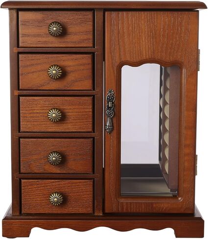 Wooden Jewelry Box, Jewelry Organizer With 5 Drawers Built-in Necklace Carousel and Mirror for Necklaces, Earring, Rings (Dark Wood Color) in Saudi Arabia