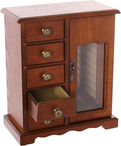 Wooden Jewelry Box, Jewelry Organizer With 5 Drawers Built-in Necklace Carousel and Mirror for Necklaces, Earring, Rings (Dark Wood Color) in Saudi Arabia