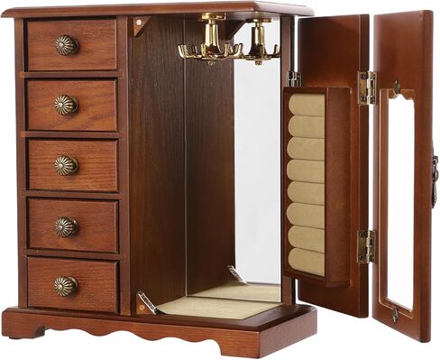 Wooden Jewelry Box, Jewelry Organizer With 5 Drawers Built-in Necklace Carousel and Mirror for Necklaces, Earring, Rings (Dark Wood Color) in Saudi Arabia